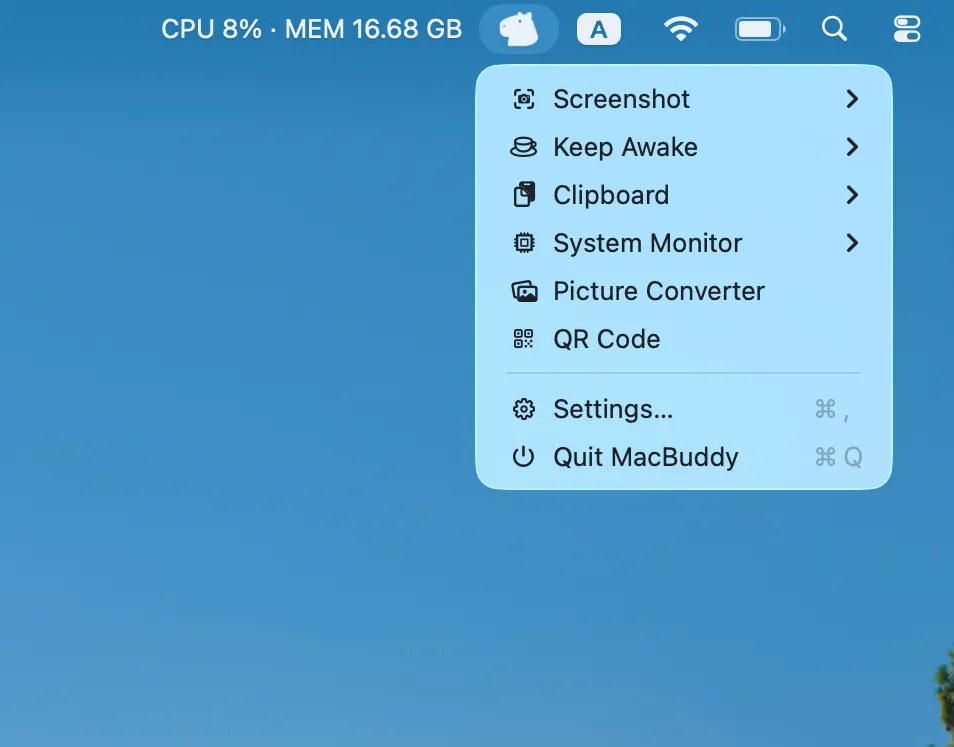 CapyBuddy menu-bar dropdown