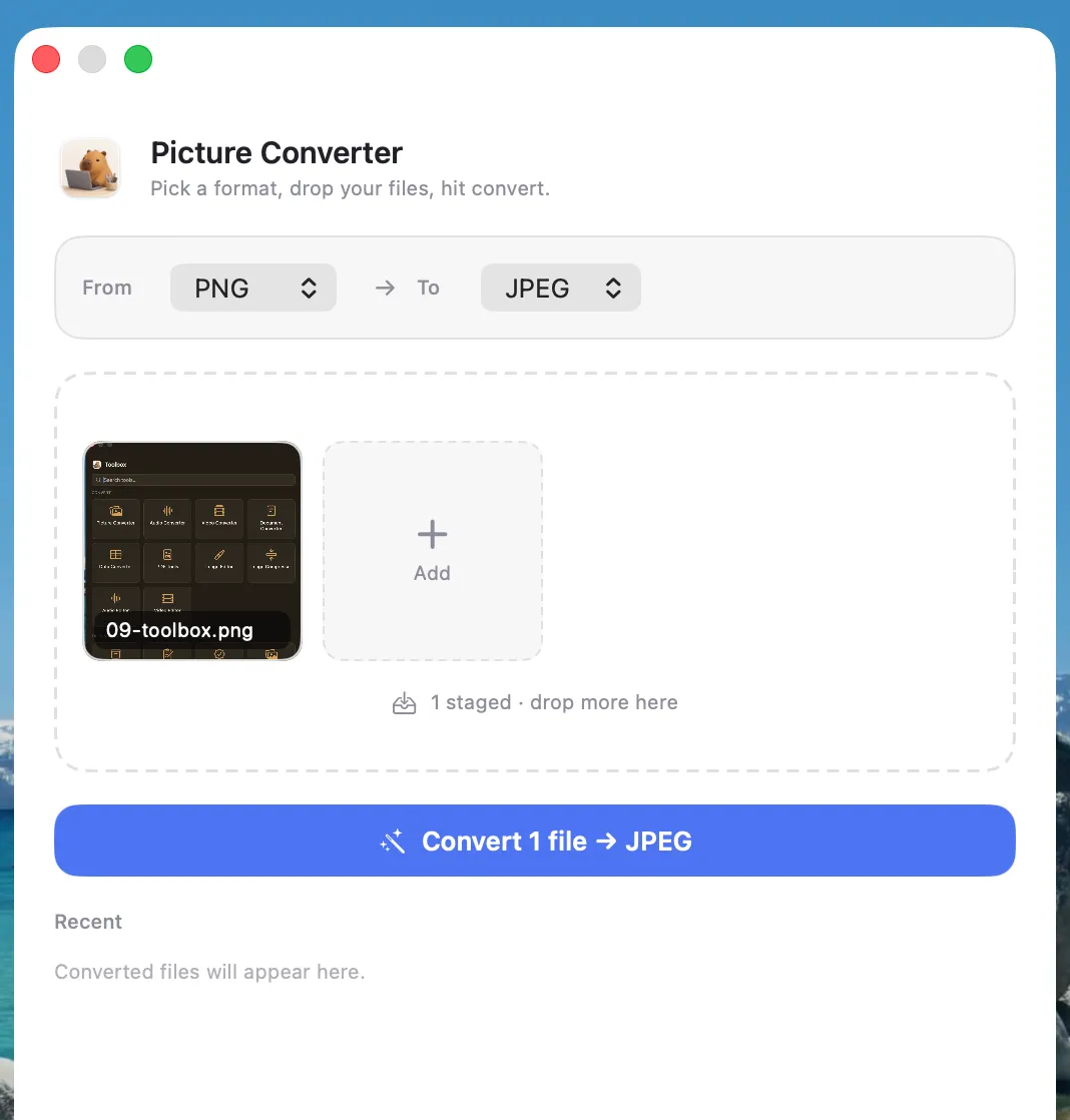 Picture Converter — PNG to JPEG with drag-and-drop staging