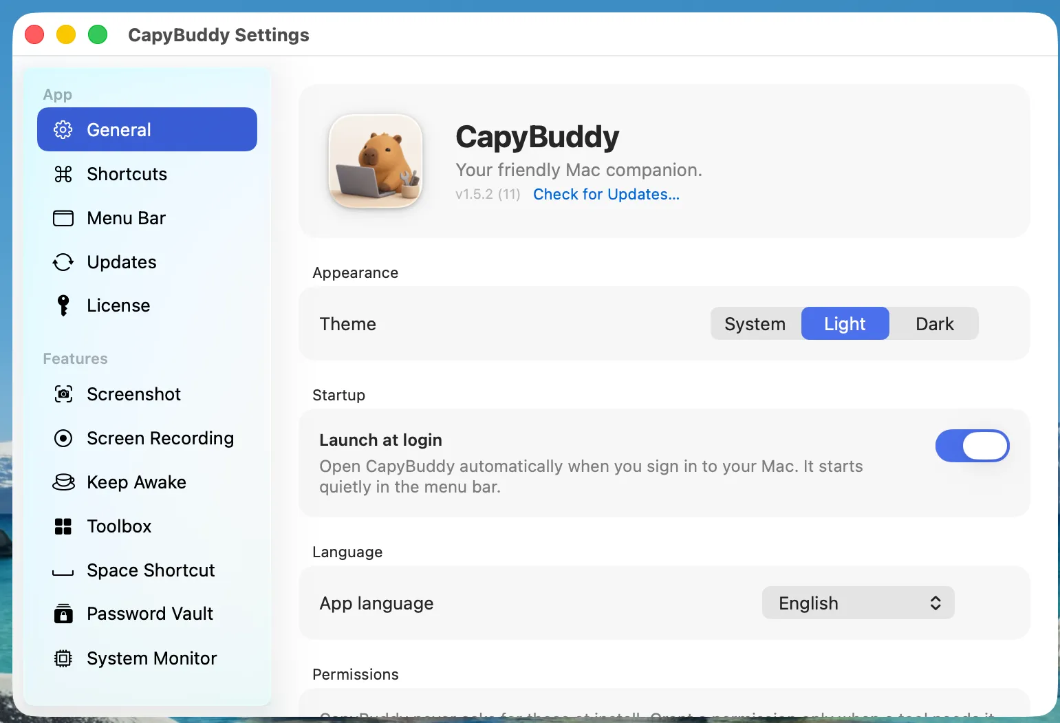 General settings — theme, launch at login, language and permissions