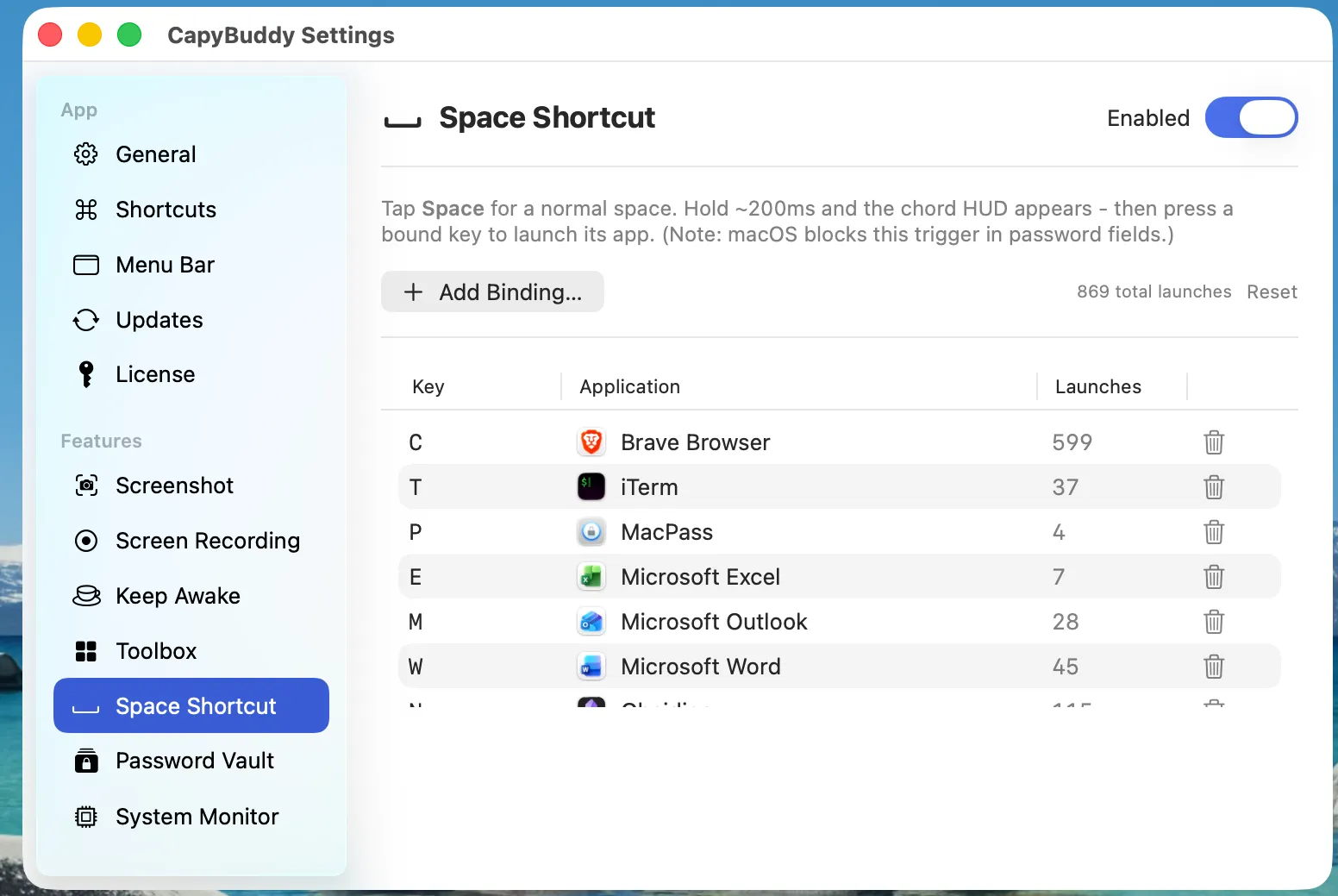 Space Shortcut settings — key bindings with launch counts