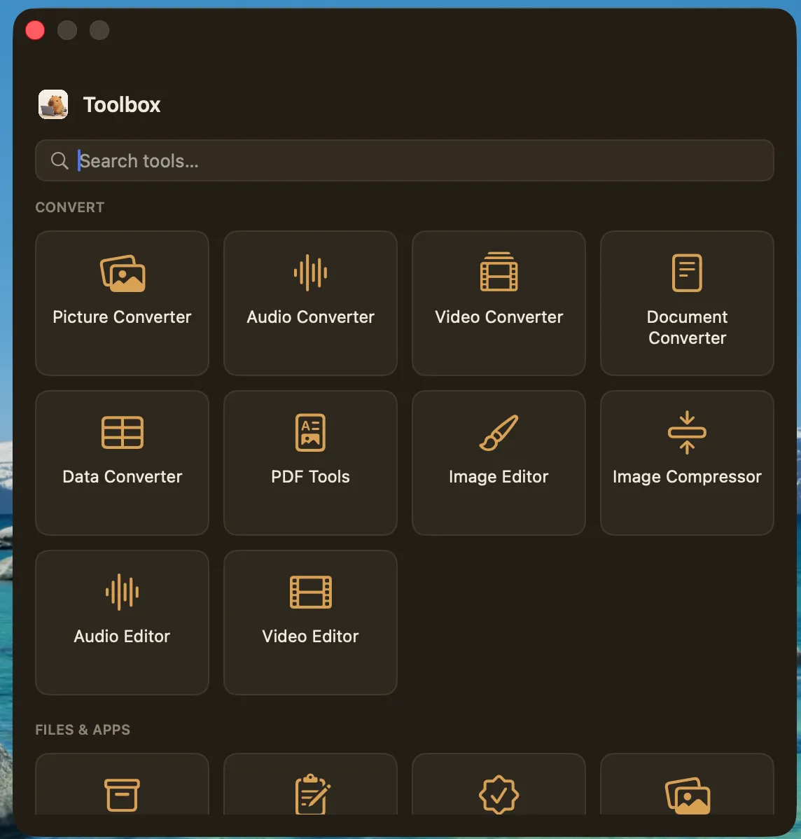 Toolbox window with converters, editors and file tools
