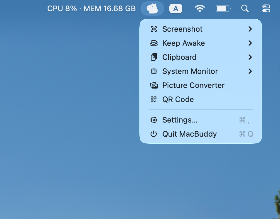 CapyBuddy menu-bar dropdown