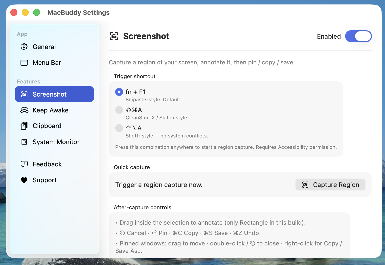Screenshot settings — choose a trigger shortcut