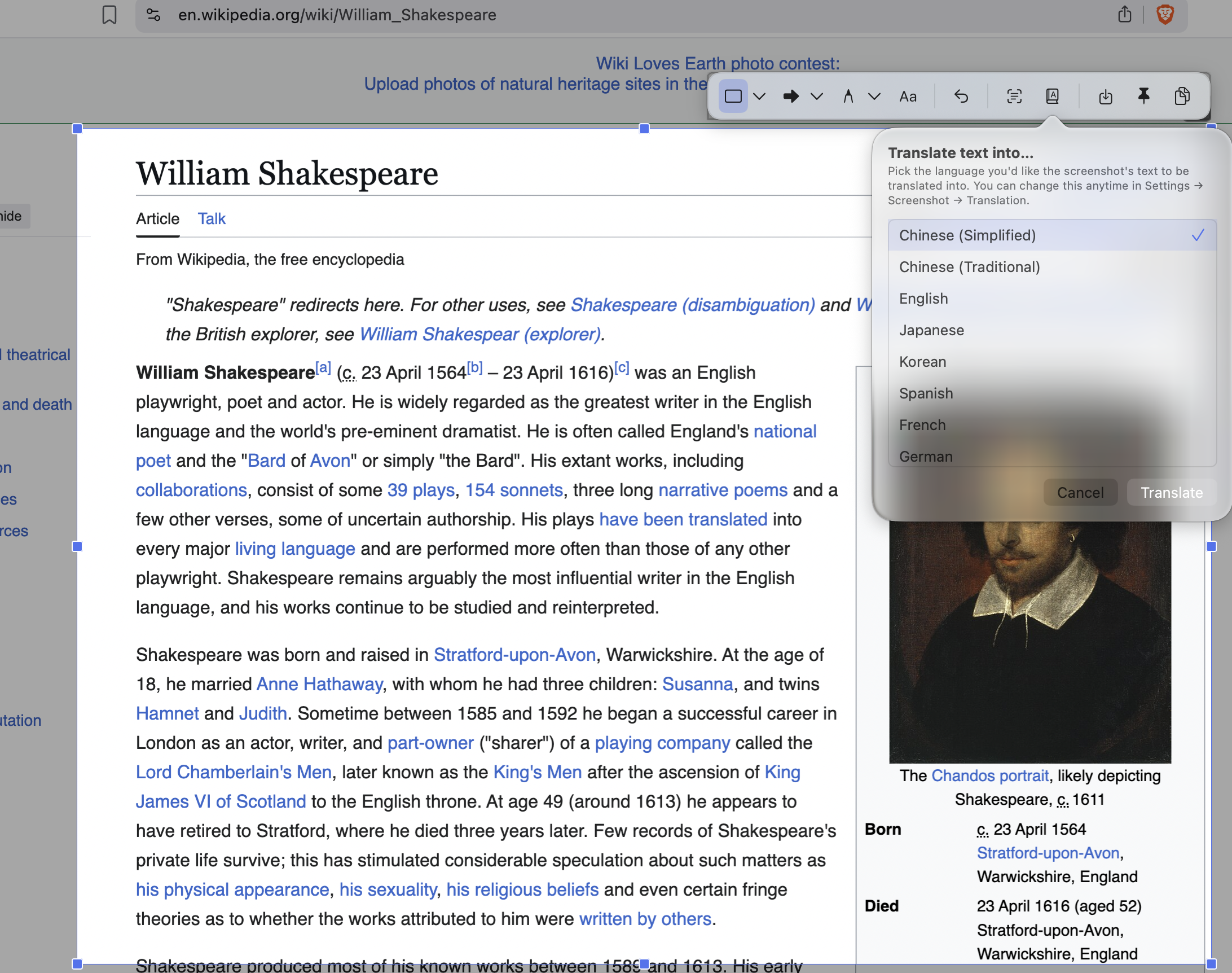 Screenshot annotator with translate panel